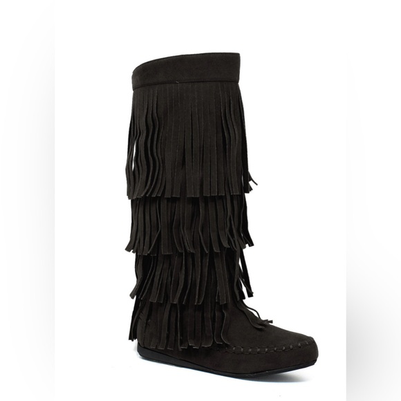 Yoki Shoes - Mudd-55 Black Fringe Knee Boots